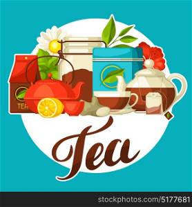 Background with tea and accessories, packs and kettles. Background with tea and accessories, packs and kettles.