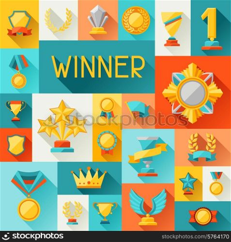 Background with trophy and awards in flat design style.