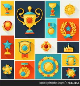 Background with trophy and awards in flat design style.