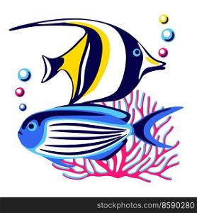 Background with tropical fishes. Marine life aquarium and sea animals. Stylized image in bright colors.. Background with tropical fishes. Marine life aquarium and sea animals.