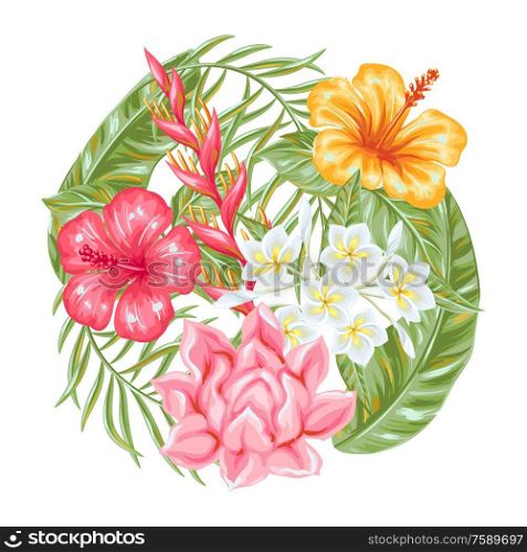 Background with tropical flowers and leaves. Decorative exotic foliage, palms and plants.. Background with tropical flowers and leaves.