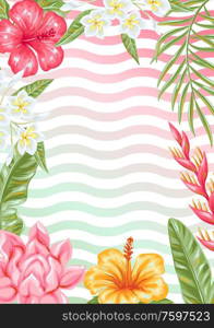 Background with tropical flowers and leaves. Decorative exotic foliage, palms and plants.. Background with tropical flowers and leaves.