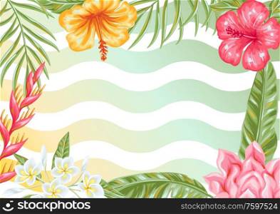 Background with tropical flowers and leaves. Decorative exotic foliage, palms and plants.. Background with tropical flowers and leaves.