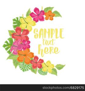 Background with tropical flowers. Vector illustration hibiscus flower. Background with tropical flowers and palm leaves
