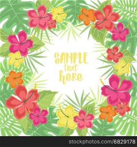 Background with tropical flowers. Vector illustration hibiscus flower. Background with tropical flowers and palm leaves