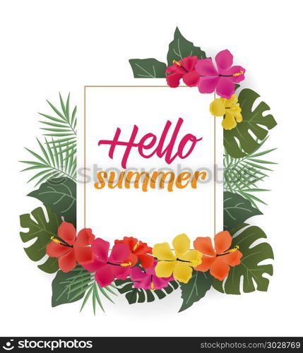 Background with tropical flowers. Vector illustration of hibiscus flower. Background with tropical flowers and palm leaves with text frame