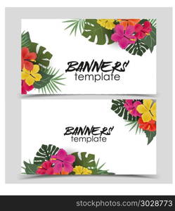 Background with tropical flowers. Vector illustration of hibiscus flower. Background with tropical flowers and palm leaves. Banner template