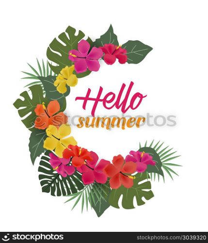 Background with tropical flowers. Vector illustration of hibiscus flower. Background with tropical flowers and palm leaves with text frame