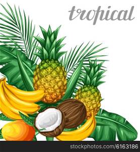 Background with tropical fruits and leaves. Design for advertising booklets, labels, packaging, menu.