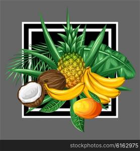 Background with tropical fruits and leaves. Design for advertising booklets, labels, packaging, textile printing.