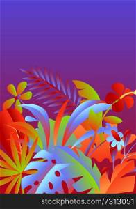 Background with tropical leaves and flowers. Decorative exotic foliage and plants.. Background with tropical leaves and flowers.
