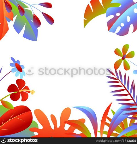 Background with tropical leaves and flowers. Decorative exotic foliage and plants.. Background with tropical leaves and flowers.