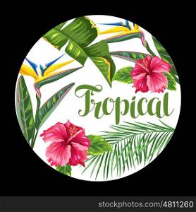 Background with tropical leaves and flowers. Palms branches, bird of paradise flower, hibiscus.