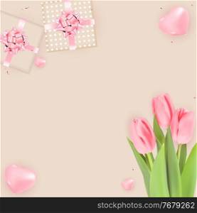 Background with Tulips and Gift Box Design. Template for advertising, web, social media and fashion ads. Horizontal poster, flyer, greeting card, header for website Vector Illustration.. Background with Tulips and Gift Box Design. Template for advertising, web, social media and fashion ads. Horizontal poster, flyer, greeting card, header for website Vector Illustration. EPS10