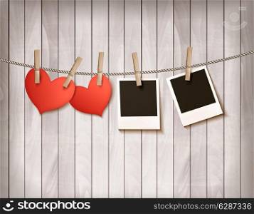 Background with two hearts and two photos. Valentine&rsquo;s day vector.