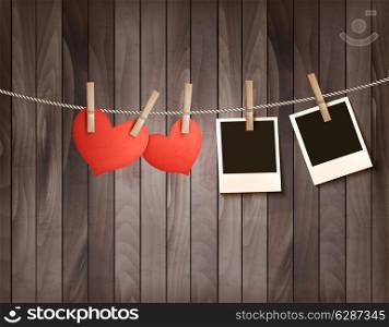Background with two hearts and two photos. Valentine&rsquo;s day vector.