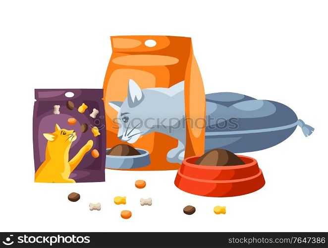 Background with various cat items. Illustration of food and couch.. Background with various cat items.