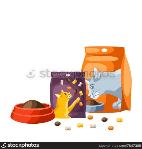 Background with various cat items. Illustration of food.. Background with various cat items.