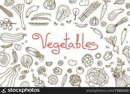 Background with various vegetables and an inscription for menu design, recipes and product packaging. Vector illustration.. Background with various vegetables and an inscription for menu design, recipes and product packaging. Vector illustration