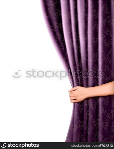 Background with violet velvet curtain and hand. Vector illustration