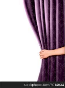 Background with violet velvet curtain and hand. Vector illustration