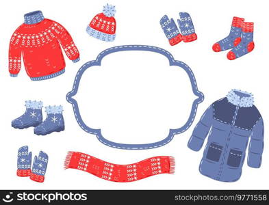 Background with warm winter clothes. Illustration for advertising and marketing. Cloth for rest and walks.. Background with warm winter clothes. Illustration for advertising and marketing.