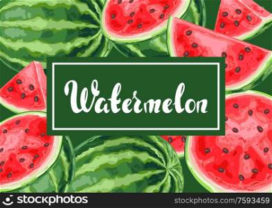 Background with watermelons and slices. Summer fruit decorative illustration.. Background with watermelons and slices.