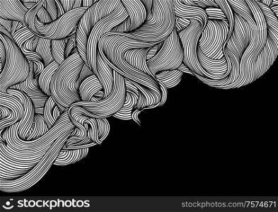 Background with wave line curls. Monochrome stripes black and white texture. Wavy abstract fur or hair.. Background with wave line curls. Monochrome stripes black and white texture.