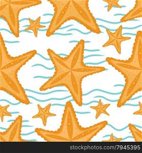 Background with waves and starfish, seamless sea pattern