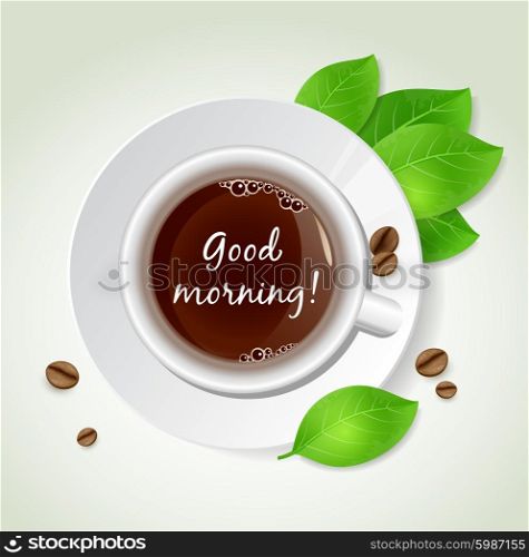 Background with white cup of coffee, green leaves and coffee beans
