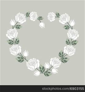 Background with white roses. Vector illustration Decorative frame with white roses on white background. Heart of roses