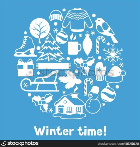 Background with winter objects. Merry Christmas, Happy New Year holiday items and symbols.