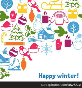 Background with winter objects. Merry Christmas, Happy New Year holiday items and symbols.