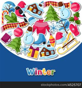 Background with winter stickers. Merry Christmas, Happy New Year holiday items and symbols.