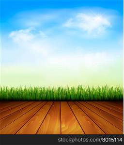 Background with wood and grass. Vector.