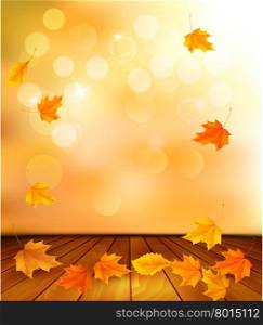 Background with wooden floor and autumn leaves. Vector.