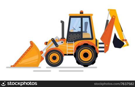 Backhoe loader, side view of digger, vehicle with big wheels and blade. Tractor construction equipment, excavator machine, backhoe transport vector. Backhoe Transport, Tractor Construction Vector