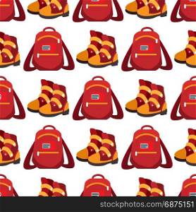 Backpack and boots seamless pattern. Popular youth accessories, bright backpack and boots seamless pattern, vector illustration
