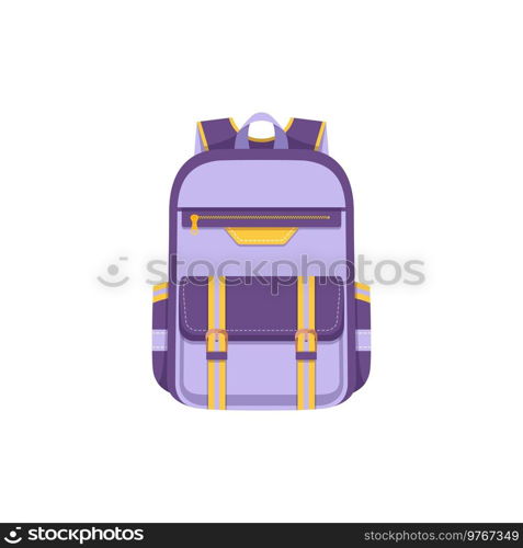 Backpack bag or back pack, school rucksack or schoolbag, vector flat icon. Isolated luggage bag or student boy or girl backpack, lilac c&ing and trekking sport backpack or knapsack with pockets. Backpack bag or back pack, school rucksack icon