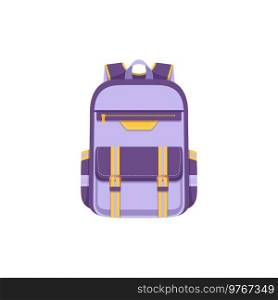 Backpack bag or back pack, school rucksack or schoolbag, vector flat icon. Isolated luggage bag or student boy or girl backpack, lilac c&ing and trekking sport backpack or knapsack with pockets. Backpack bag or back pack, school rucksack icon