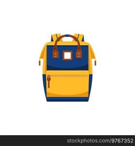Backpack bag or back pack with handles, handbag or school rucksack, vector flat icon. Yellow schoolbag with blue pockets, modern travel luggage bag or carry on backpack of leather and textile. Backpack bag or back pack with handles, handbag