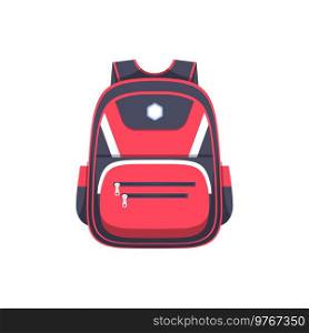 Backpack bag or travel back pack, school and sport rucksack, vector flat icon. Red backpack for c&ing, hiking and trekking, schoolbag suitcase, kids and expedition carryon accessory bag with pockets. Backpack bag, travel back pack or school rucksack
