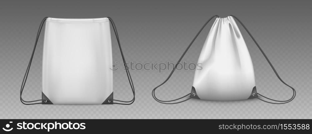 Backpack bag with drawstrings isolated on transparent background. Vector realistic mockup of school pouch for clothes and shoes, white empty and full sport knapsacks with strings. Vector backpack bag with drawstrings