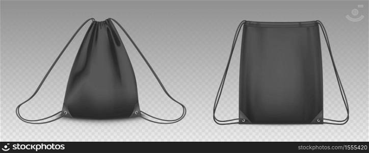 Backpack bag with drawstrings isolated on transparent background. Vector realistic mockup of school pouch for clothes and shoes, black empty and full sport knapsacks with strings. Vector backpack bag with drawstrings
