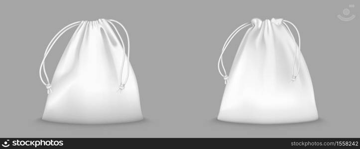 Backpack bag with drawstrings isolated on transparent background. Vector realistic mockup of school pouch for clothes and shoes, white full sport knapsacks with strings. Vector backpack bag with drawstrings