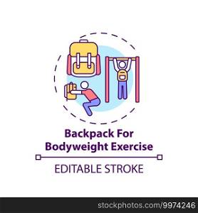 Backpack for bodyweight exercise concept icon. Gym physical training alternative idea thin line illustration. Back and abdominal muscles. Vector isolated outline RGB color drawing. Editable stroke. Backpack for bodyweight exercise concept icon