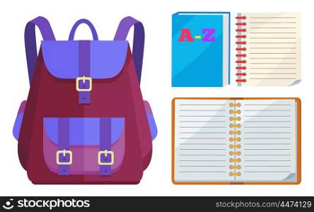Backpack for Kids with ABC Open Copybook Vector. Rucksack unisex in purple and blue colors with big pocket and metal fasteners and open ABC copybook vector illustration isolated on white.