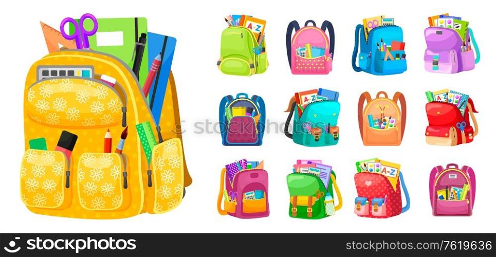 Backpack full of stationery objects, back to school. Vector isolated rucksacks with exercise books, pens and pencils, rulers and textbooks isolated. Set of school bags. Multicolor backpacks for kids. Backpacks Full Stationery Objects, Back to School
