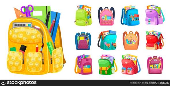 Backpack full of stationery objects, back to school. Vector isolated rucksacks with exercise books, pens and pencils, rulers and textbooks isolated. Set of school bags. Multicolor backpacks for kids. Backpacks Full Stationery Objects, Back to School