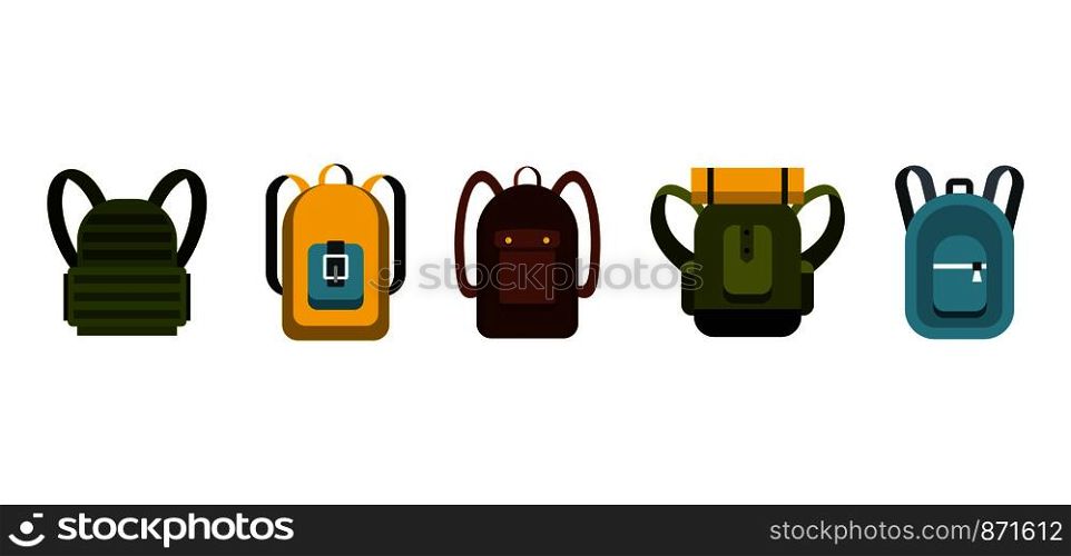 Backpack icon set. Flat set of backpack vector icons for web design isolated on white background. Backpack icon set, flat style